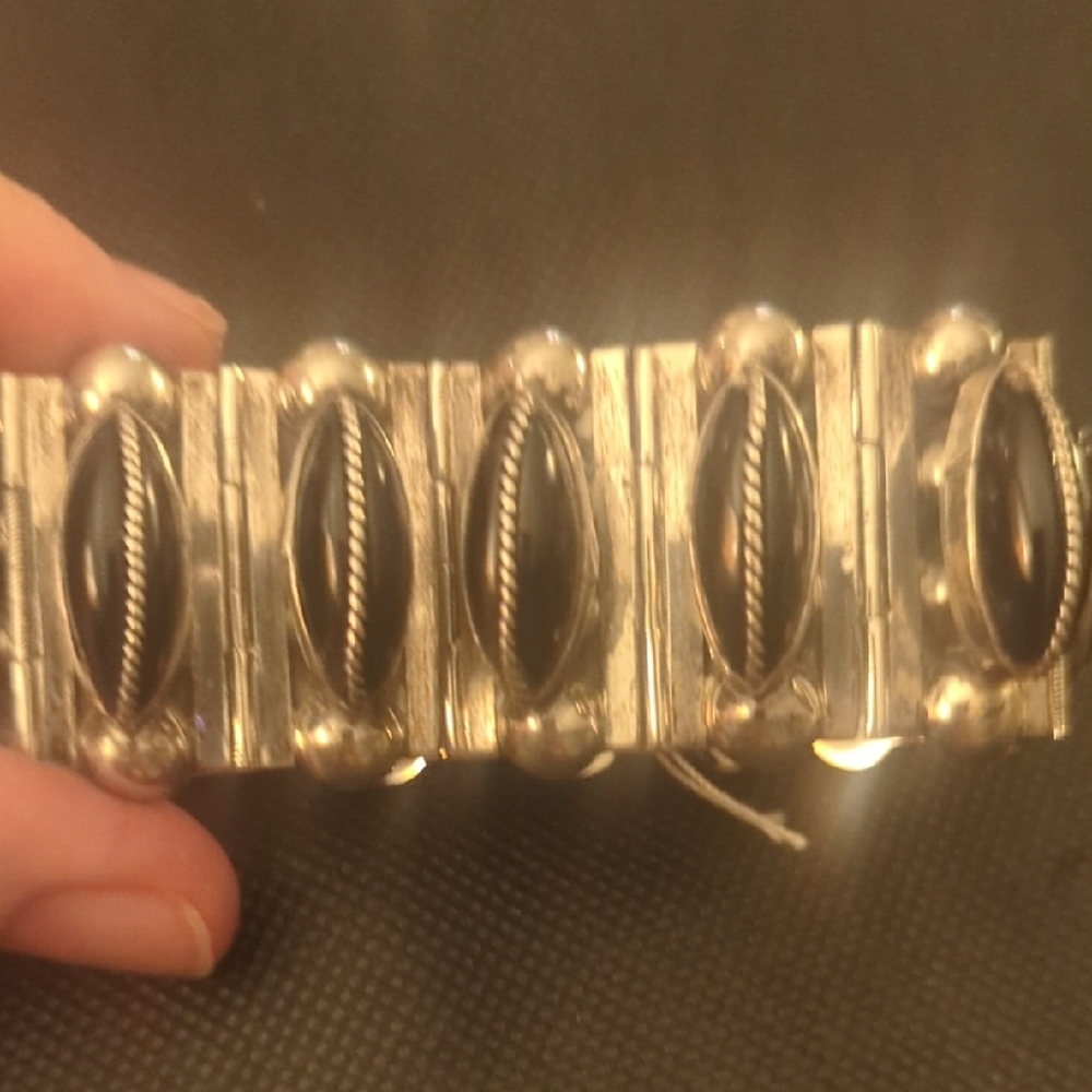 CHUNKY Vintage Mexican Sterling & Onyx Bracelet 1940s Brutalist